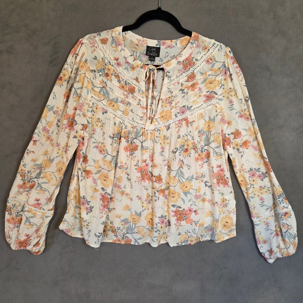 Oak & Trellis Floral Peasant Blouse Women's Large Cottage Boho Lace Trim Casual
